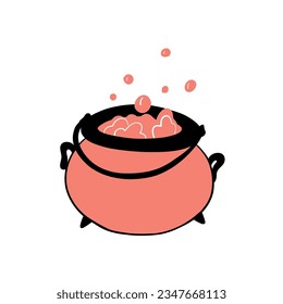 Witch's cauldron with potion. Symbol of witchcraft. Traditional halloween element. Hand drawn vector illustration