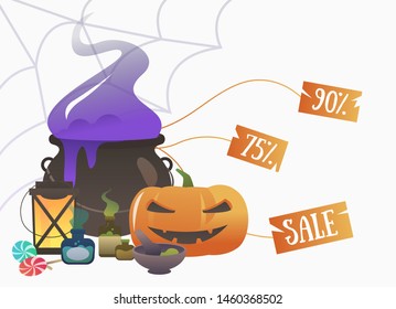 Witchs cauldron with sale promotion tags. Spiderweb, pumpkin, candies, bottles of potion. Vector illustration for leaflet, poster, banner