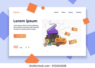 Witchs cauldron with sale promotion tags. Spiderweb, pumpkin, candies, bottles of potion. Vector illustration for leaflet, poster, banner