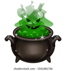 Witch's cauldron with scary halloween spirit on white background. Black pot with green potion. Object for halloween design. Vector illustration.