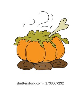 A witch's cauldron in the shape of a pumpkin. Magic potion. Symbol of witchcraft. Dark boiling cauldron. Traditional element of Halloween. Vector illustration.