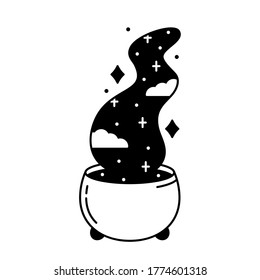 Witch's cauldron with space potion. Black illustration of magic, witchcraft, other world. Graphic cutout silhouette of pot with night sky for Halloween print, t-shirt. Contour vector, white background