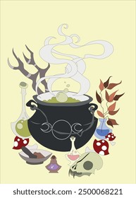 Witch's cauldron with spell and magic attributes