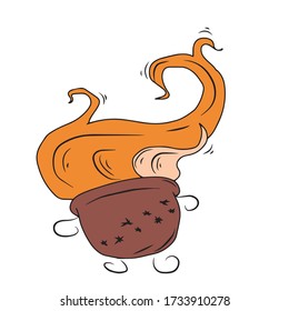 A witch's cauldron with steam isolated on a white background. Magic potion. Symbol of witchcraft. Dark boiling cauldron. Traditional element of Halloween. Vector illustration.
