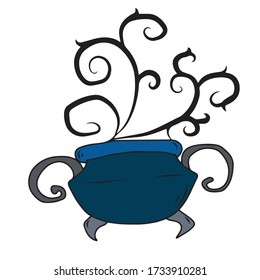 A witch's cauldron with steam isolated on a white background. Magic potion. Symbol of witchcraft. Dark boiling cauldron. Traditional element of Halloween. Vector illustration.
