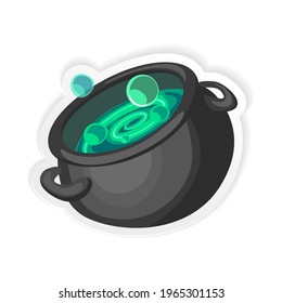 Witch's cauldron sticker. Isolated vector on white background.
