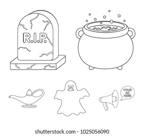 A witch's cauldron, a tombstone, a ghost, a gin lamp.Black and white magic set collection icons in outline style vector symbol stock illustration web.