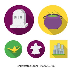 A witch's cauldron, a tombstone, a ghost, a gin lamp.Black and white magic set collection icons in flat style vector symbol stock illustration web.