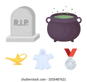 A witch's cauldron, a tombstone, a ghost, a gin lamp.Black and white magic set collection icons in cartoon style vector symbol stock illustration web.