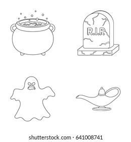 A witch's cauldron, a tombstone, a ghost, a gin lamp.Black and white magic set collection icons in outline style vector symbol stock illustration web.