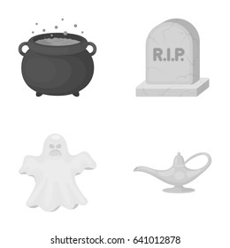 A witch's cauldron, a tombstone, a ghost, a gin lamp.Black and white magic set collection icons in monochrome style vector symbol stock illustration web.