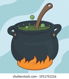 Witch's Cauldron Vector With Green Potion Bubbling