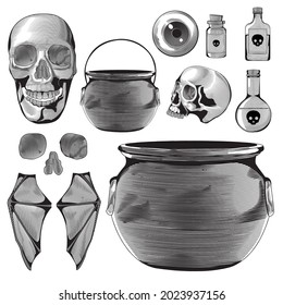 Witch's cauldron witch ingredients, Engraving vector illustration, skull, poison, pot witch, vector image, Halloween holiday, isolated on white background, woodcut style