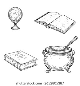 A witch's cauldron, a witchbook and a magic ball, a set of silhouettes, a black and white ink sketch. Vector illustration. A mystical Halloween entourage, the set is isolated on a white background.