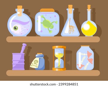 Witch's closet. Flasks with potions and poisons on the shelves of a wizard or sorcerer. Magic items and ingredients for witchcraft. Flat vector illustration.