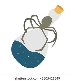The witch's elixir, a bottle of poison, a potion. The spider on the bottle. Vector illustration on a white background.