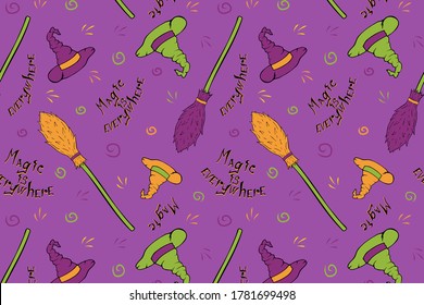 Witch's equipment seamless pattern. Vector halloween illustration with witch's hat, and broom. Hand drawn repeated background for fabric, textile, wallpaper, print design