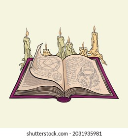 Witch's grimoire with candles. Hand drawn vector illustration isolated on background.