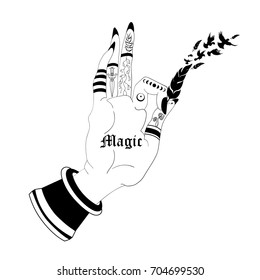 The witch's hand with black nails, rings, dagger, fern, roots, mushrooms, fly agarics, feather, silhouettes of flying birds. Magic. Boho style.