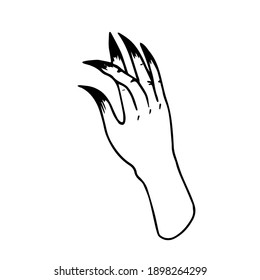Witchs hand with crossed fingers. Witchcraft damage evil eye. Gothic scary clip art for halloween. Hand drawn engraving black sketch outline. Stock vector illustration isolated on white background.