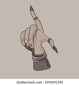 The witch's hand. Gothic style. Victorian clothing. Decoration on the hands. Bracelets, rings. Long nails. A gesture. The hand is pointing at something. Sketch.