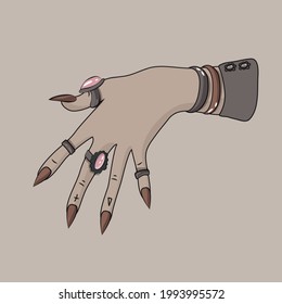 The witch's hand. Gothic style. Victorian clothing. Decoration on the hands. Bracelets, rings. Long nails. A sketch. Anatomy. Demonstration of the hand and jewelry.