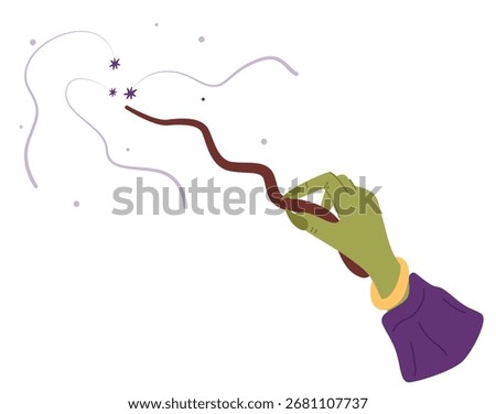 Witchs hand holds magic wand. Wizard conducting magical ritual or spell. Magician miracle. Fairytale sorcerer. Green arm gesture with fairy stick. Charm stars. Warlock trick. Vector witchcraft concept