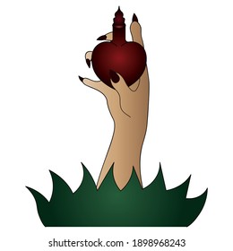 The witchs hand holds a vessel in the shape of a scarlet heart. A bottle of love potion. Colored vector illustration. Isolated white background. Valentines Day. Love potion. Long fingers.