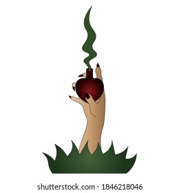 The witch's hand holds a vial with a love potion. Heart shaped vessel. Magic couples come out of the bubble. Long fingers with sharp nails burst from the ground. Colored vector illustration. 
