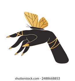 Witch's hand with long nails. Butterfly sits on woman's hand. Vector element on white background in boho mysticism style