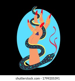 A witch's hand with a snake. Snake in hand. Witchcraft, magic, astrology, alchemy.Vector flat illustration