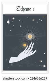 The witch's hands cast a spell. Playing card design. Alchemical transformation.
