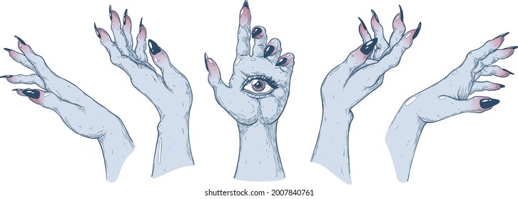 Witch's hands in different positions. Handmade vector art illustration. Made with pen and ink.