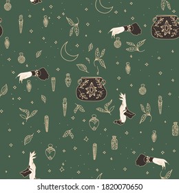 Witch's hands and potions and poisons on a green background seamless pattern