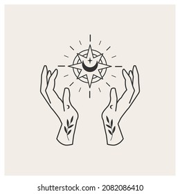 Witch's hands with a star. Magic ritual. Сelestial vector illustration.  Linear image
