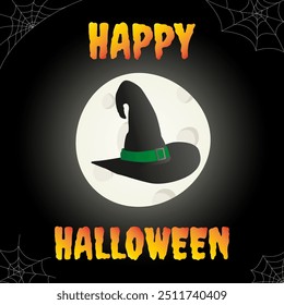 A witch's hat against a backdrop of a glowing moon in a dark sky, with the words "Happy Halloween" written in a stylish font.