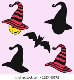  Witch's Hat and a bat. Halloween vector silhouette 