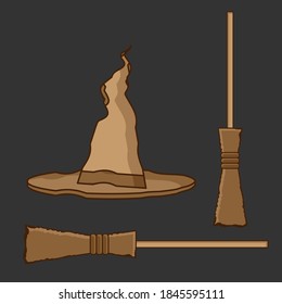 A witchs hat and a broom. Set for Halloween. Vector illustration