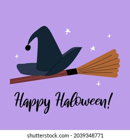 Witch's hat and broom. Vector hand drawn halloween  and magic illustration. Design for posters, textile, scrapbooking, gifts, postcards