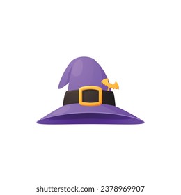 Witch's hat with buckle decorated with a bat badge. Magic purple hat. Cartoon Halloween party costume decorative element. The costume adorns the wizard's head vector illustration isolated on white