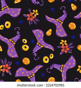 Witch's Hat and Floral Bunches Vector Seamless Halloween Pattern design.