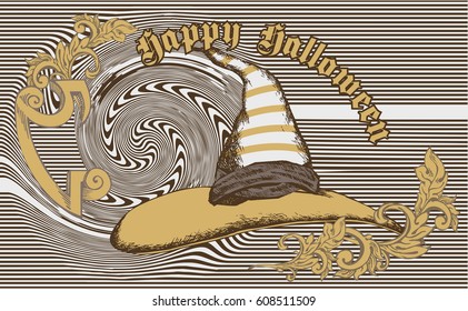 Witch's hat. Hallowen card. Vector illustration. Engraved style
