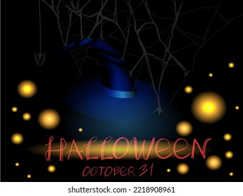 The witch's hat is hooked by a web. Mystical Halloween card with a spider, magic lights and an attribute of a sorceress. Stock vector image.