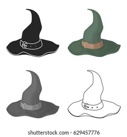 Witch's hat icon in cartoon style isolated on white background. Black and white magic symbol stock vector illustration.