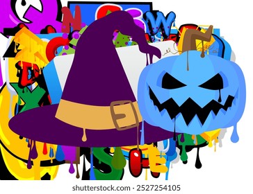 "Witch's Hat and Jack O' Lantern Graffiti tag" . Abstrato decoração moderna de arte de rua realizada em estilo de pintura urbana.