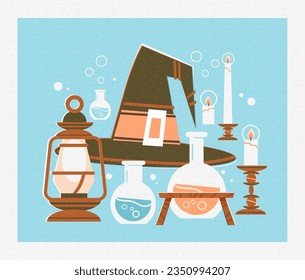 Witch's hat with magic flasks and lantern. Flat retro illustration