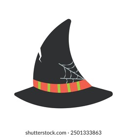 Witch's hat. Magic hat. Witch hat with red stripe and spider web. Vector illustration of Halloween hat icon, witch costume element, cartoon style