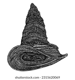Witch's hat. Magic witchcraft pointy hat in black line art. Witchy hand drawing of fancy hat. Vector.