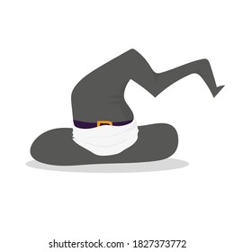 Witch's hat in a medical face mask on white. Coronavirus vector illustration.