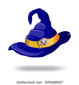 Witch's hat on white background, vector. Bright blue brimmed hat, halloween costume. Vector file.